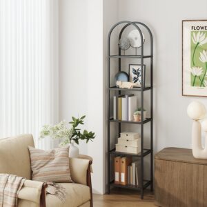 VASAGLE reol med 5 hylder, bogreol i h?rdet glas, buet opbevaringsreol