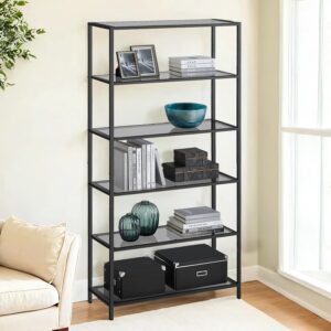 VASAGLE shelf with 6 shelves, tempered glass, slate gray-ink black