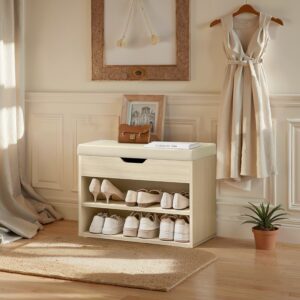 VASAGLE skobänk med 3 nivåer, sittbänk, skohylla med kudde