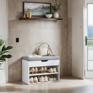 VASAGLE skobänk med 3 nivåer, sittbänk, skohylla med kudde