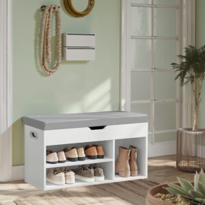 VASAGLE shoe bench with storage space, well-padded, bench with 3 open compartments