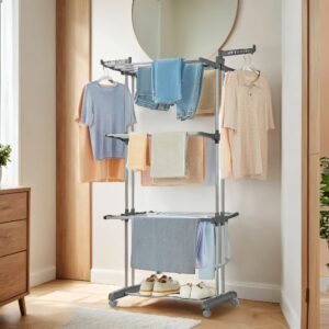 SONGMICS 4-Tier Clothes Drying Rack with Foldable Wings and Casters, Gray