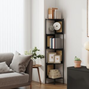 VASAGLE hörnhylla med 5 hyllplan, bokhylla, sidopaneler av polyrotting