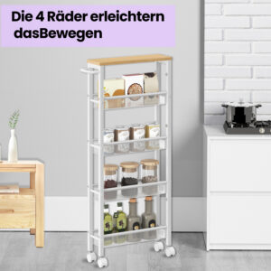 VASAGLE rullvagn 5 nivåer, smal köksvagn, nischhylla på hjul