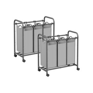 SONGMICS laundry basket 3 compartments, set of 2, laundry collector with casters, gray
