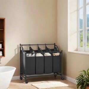 SONGMICS laundry basket with casters, 4 x 35 L, laundry collector with 4 removable laundry bags