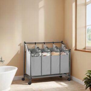 SONGMICS laundry basket with casters, 4 x 35 L, laundry collector with 4 removable laundry bags