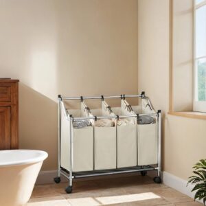 SONGMICS laundry basket with casters, 4 x 35 L, laundry collector with 4 removable laundry bags