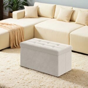 SONGMICS b?nk med opbevaringsplads i velour, 38 x 76 x 38 cm, sammenklappelig opbevaringskiste