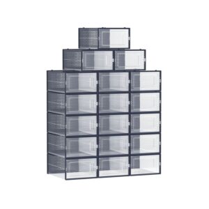 SONGMICS kenkälaatikot, 18 kpl:n sarja, taitettavat ja pinottavat, läpinäkyvät-antrasiittisiniset