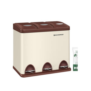 SONGMICS 3 x 8 liter trash can with lid and inner bucket, cream white-brown