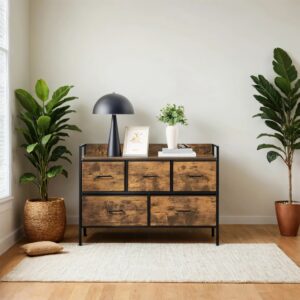 SONGMICS chest of drawers with 5 fabric drawers, vintage brown-ink black