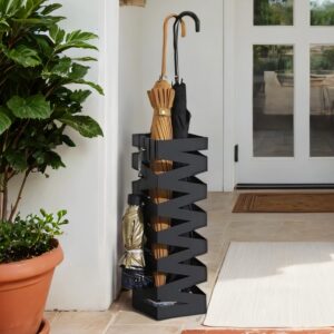 SONGMICS paraplystativ, firkantet, paraplystativ af metal, med vandopsamlingsbakke og 4 kroge