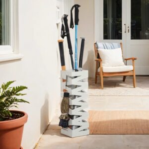 SONGMICS paraplystativ, firkantet, paraplystativ af metal, med vandopsamlingsbakke og 4 kroge