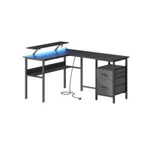VASAGLE L-shaped desk with power outlets, ebony black
