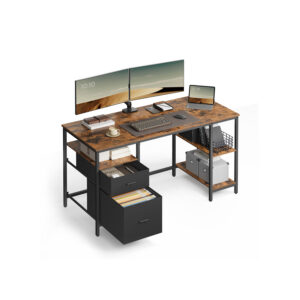 VASAGLE-tietokonepöytä, jossa 3 hyllyä ja 2 laatikkoa, vintage-ruskea-musta