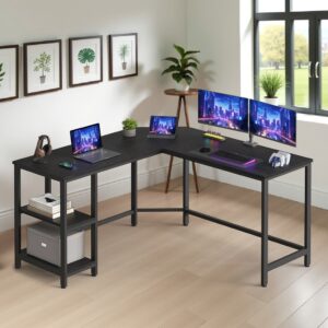 VASAGLE skrivbord i L-form med 2 hyllor, svart med trämönster