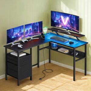 VASAGLE skrivbord i L-form, bord med eluttag, hörnskrivbord