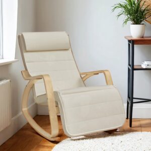 SONGMICS Gyngestol med 5-trins justerbar fodst?tte, gyngestol med arml?n af birketr?, til stuen
