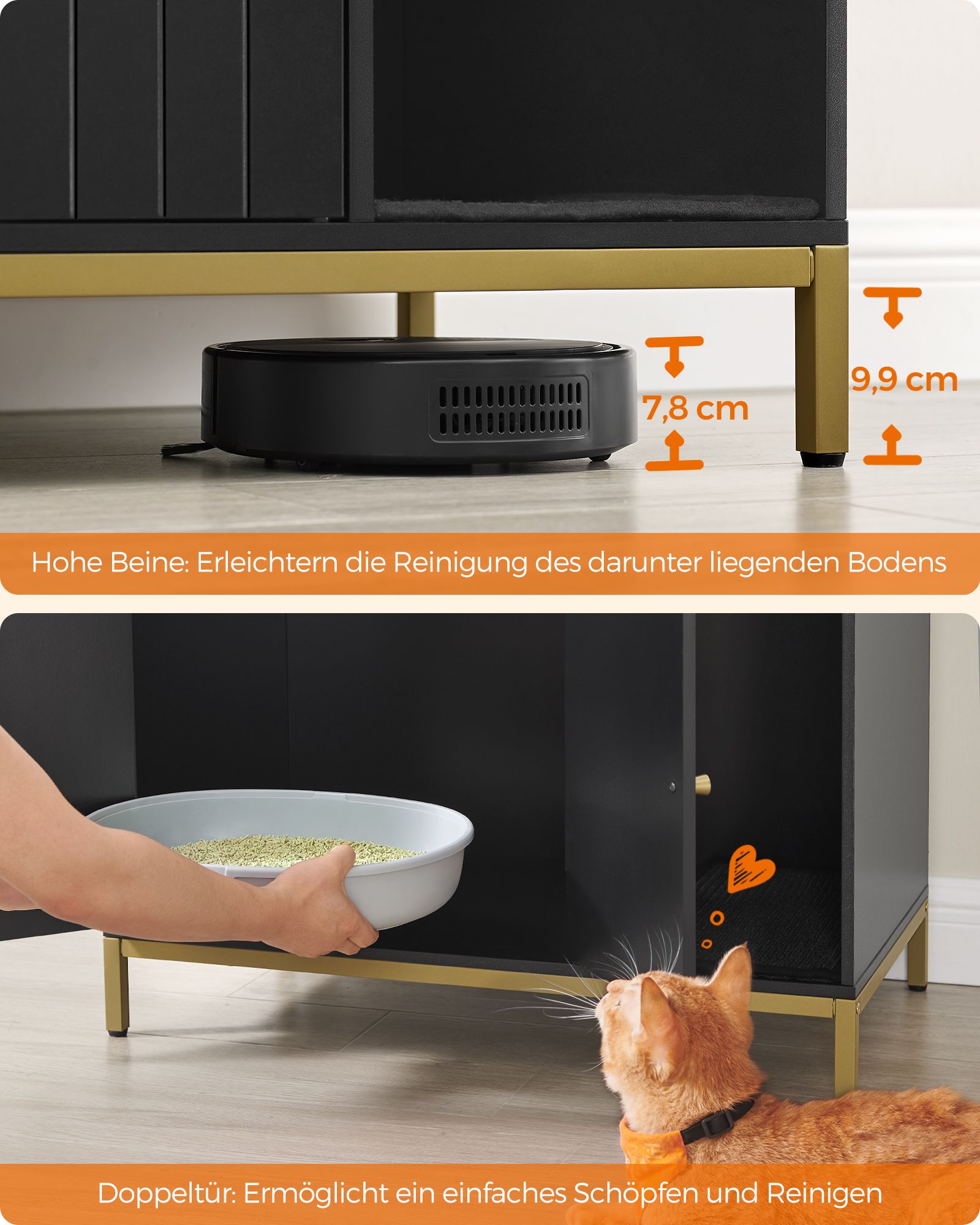 Feandrea kissanhiekkalaatikkokaappi raapimismatolla ja jaloilla, kultainen - Image 5