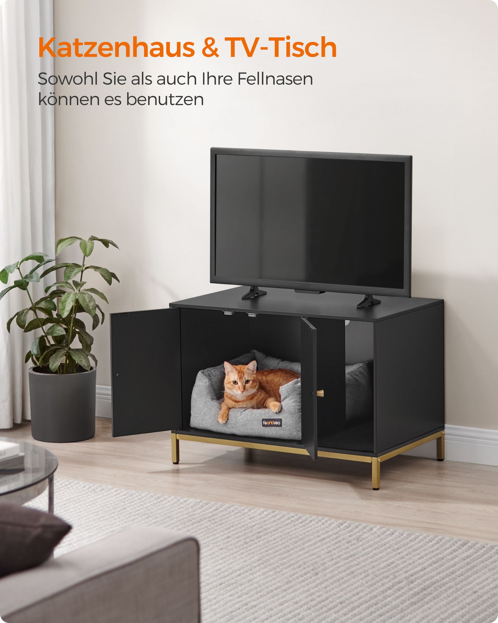 Feandrea kissanhiekkalaatikkokaappi raapimismatolla ja jaloilla, kultainen - Image 6