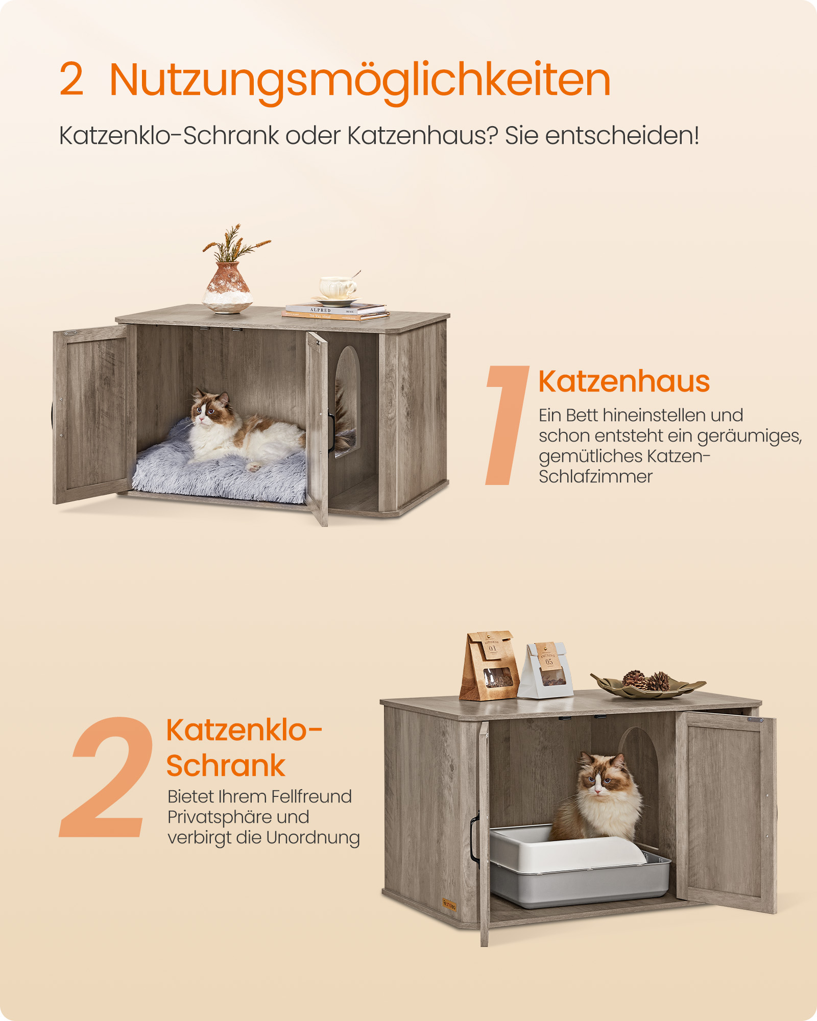 Feandrea Cat House with Double Door and Handles, mottled greige - Image 2