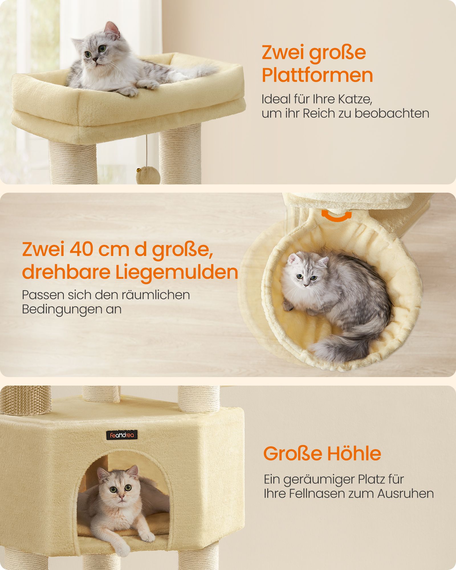 Feandrea klatrestativ med platforme 50 x 50 x 160 cm sandbeige-beige - Billede 3