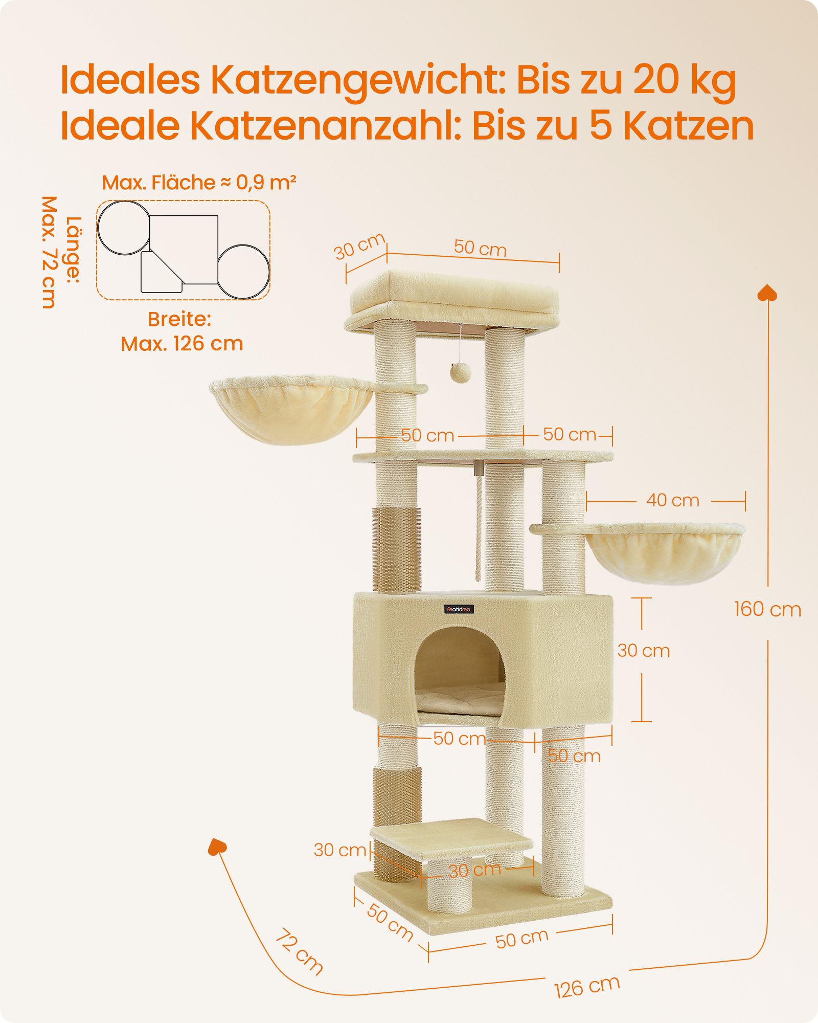 Feandrea klatrestativ med platforme 50 x 50 x 160 cm sandbeige-beige - Billede 6