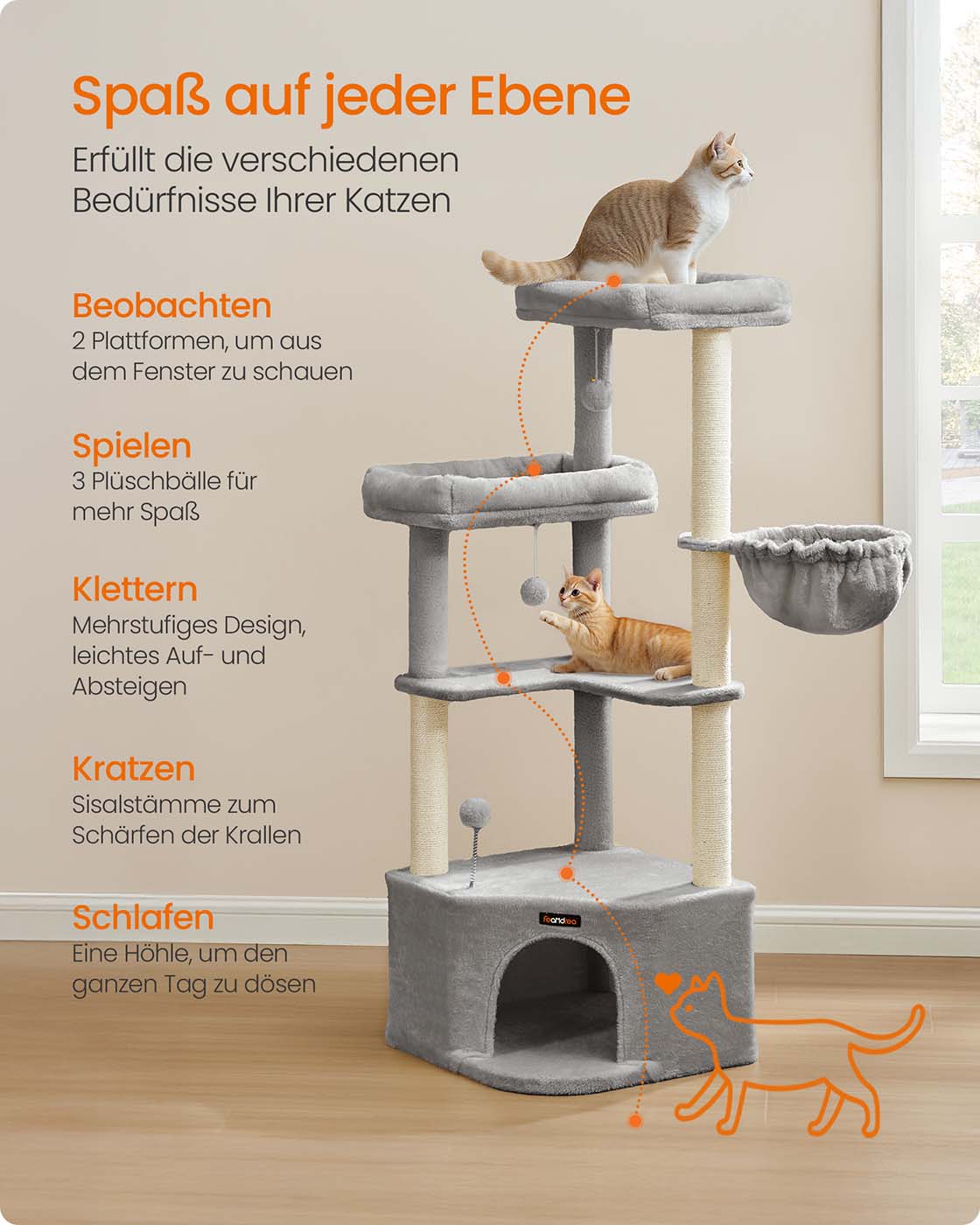 Feandrea kissapuu, jossa on suuri luola ja useita leikki- ja makuualustoja - Image 4