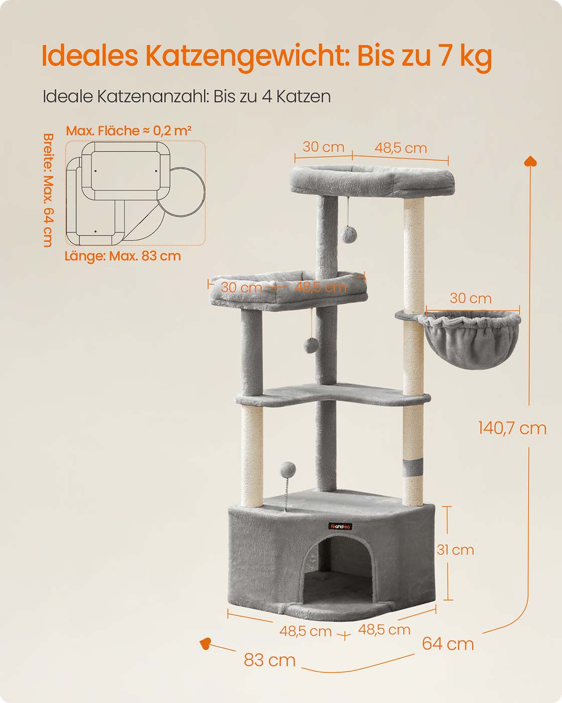 Feandrea kissapuu, jossa on suuri luola ja useita leikki- ja makuualustoja - Image 6