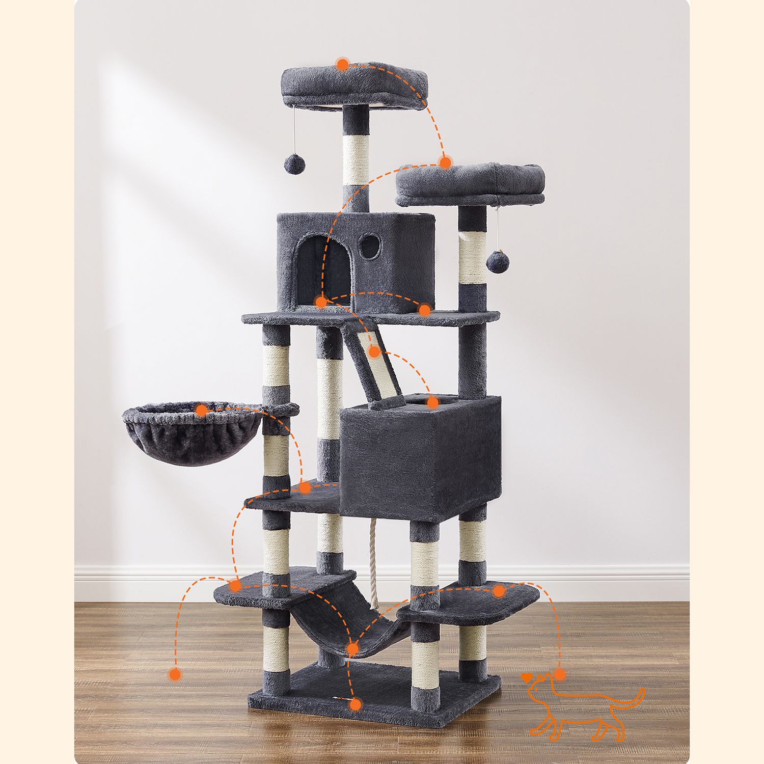 Feandrea Cat Tree 168 cm with 2 Caves - Image 3