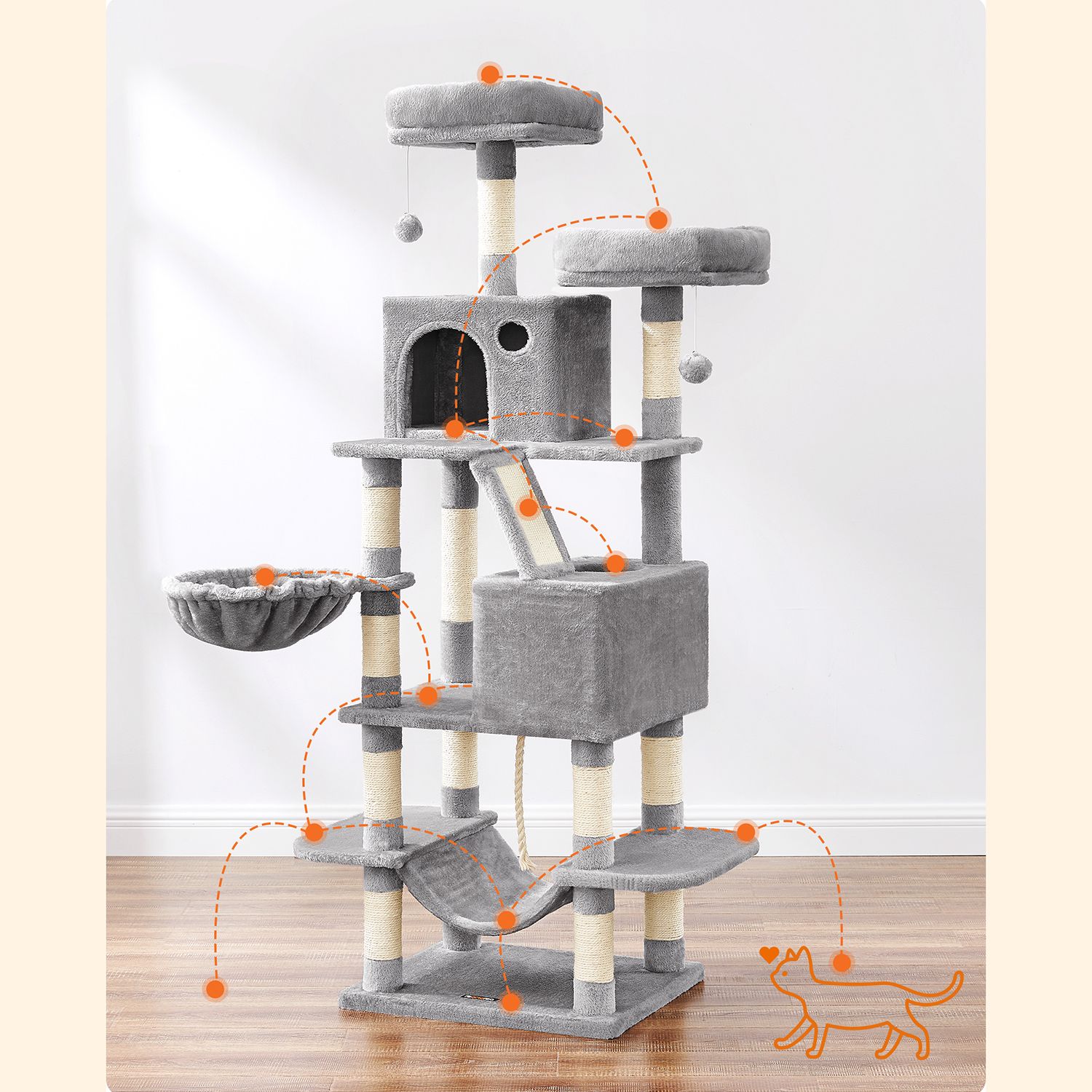 Feandrea Cat Tree 168 cm with 2 Caves - Image 3
