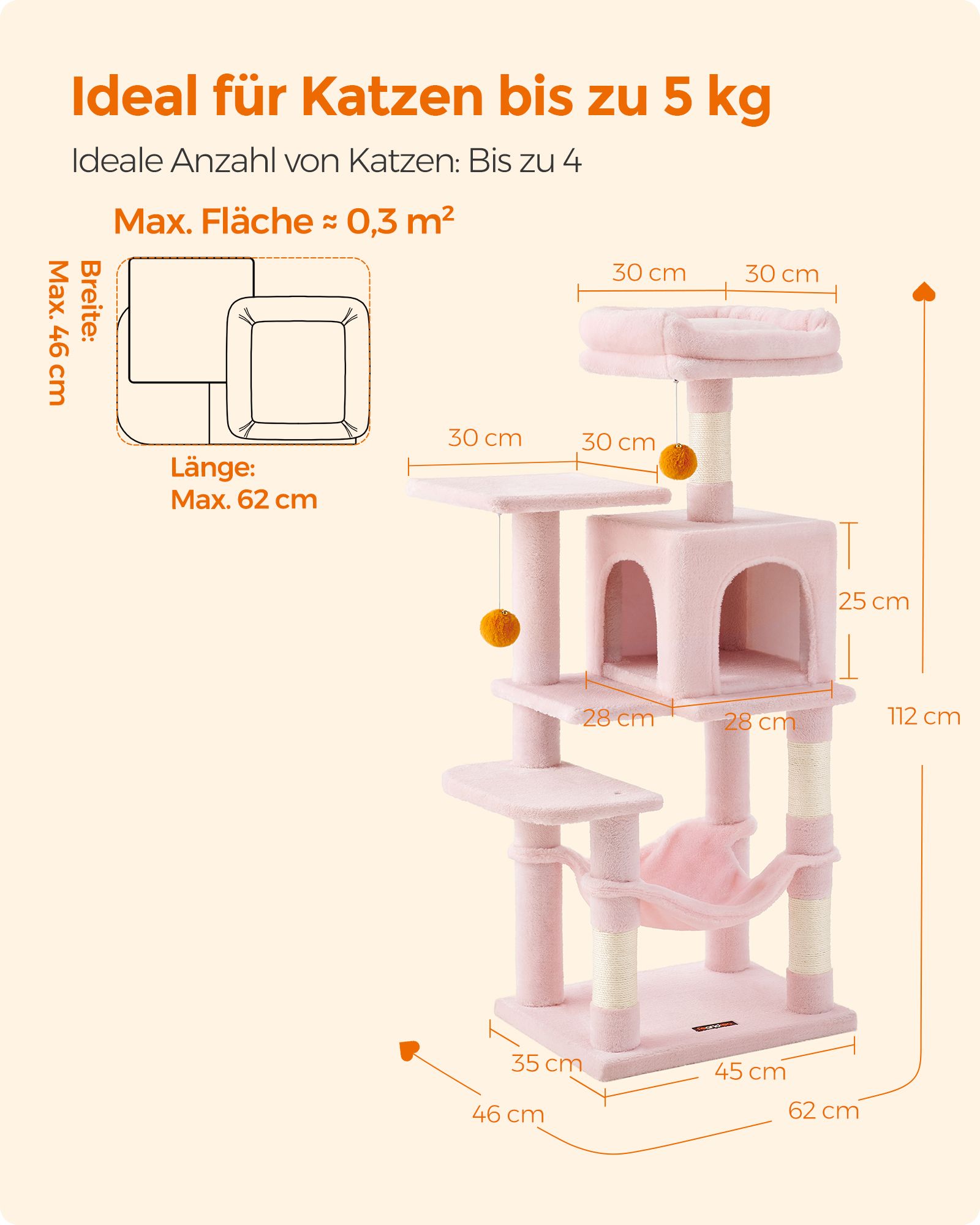 Feandrea flervånings kattstuga 2 plattformar pastellrosa - Bild 6