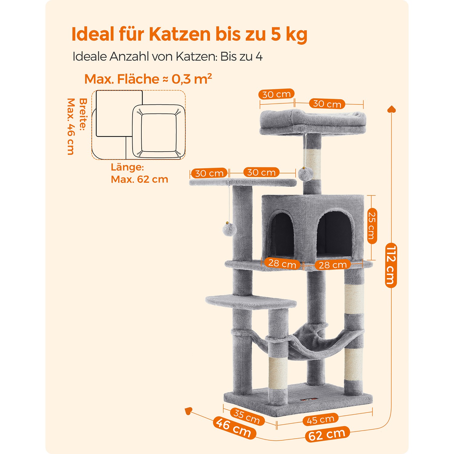 Feandrea kradsetr? 112 cm med platforme og h?ngek?je lysegr? - Billede 8