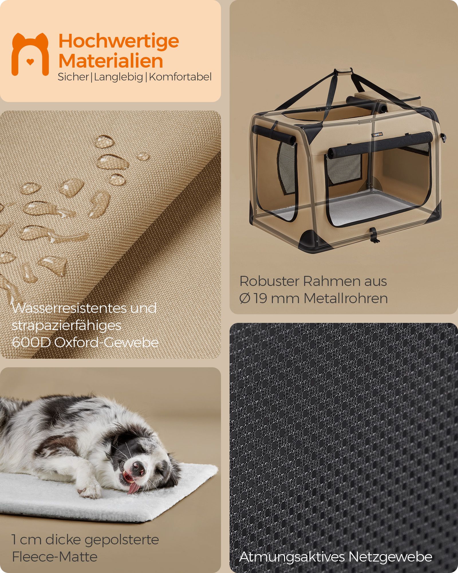 Feandrea hundebur XXL i Oxford-stof med h?ndtag, kamelbrun - Billede 6