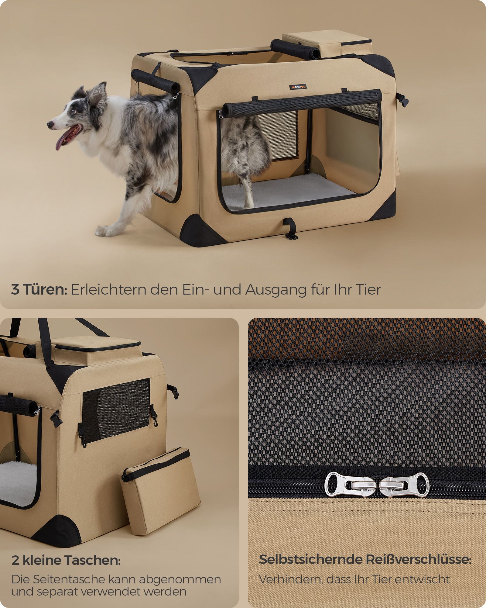 Feandrea hundebur XXL i Oxford-stof med h?ndtag, kamelbrun - Billede 7