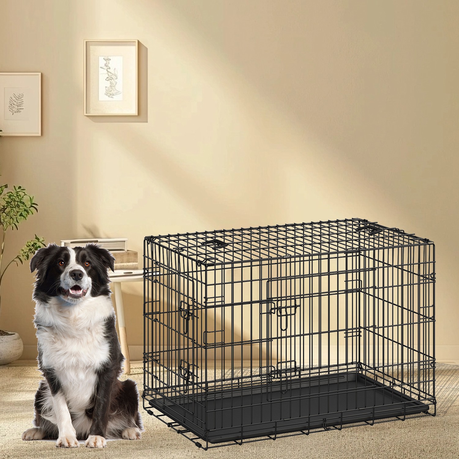 Feandrea dog cage, foldable dog crate, with 2 doors