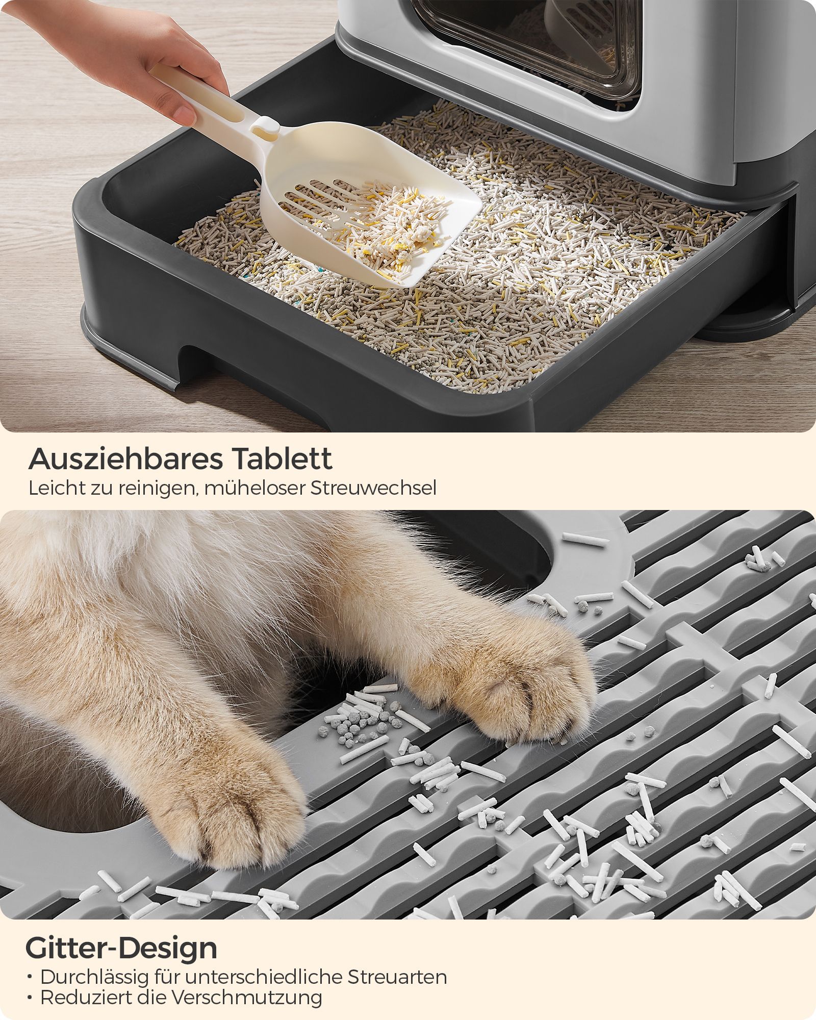 Feandrea kissanhiekkalaatikko kannella ja lapioilla, tilava, antrasiitinharmaa-kyyhkynharmaa - Image 4