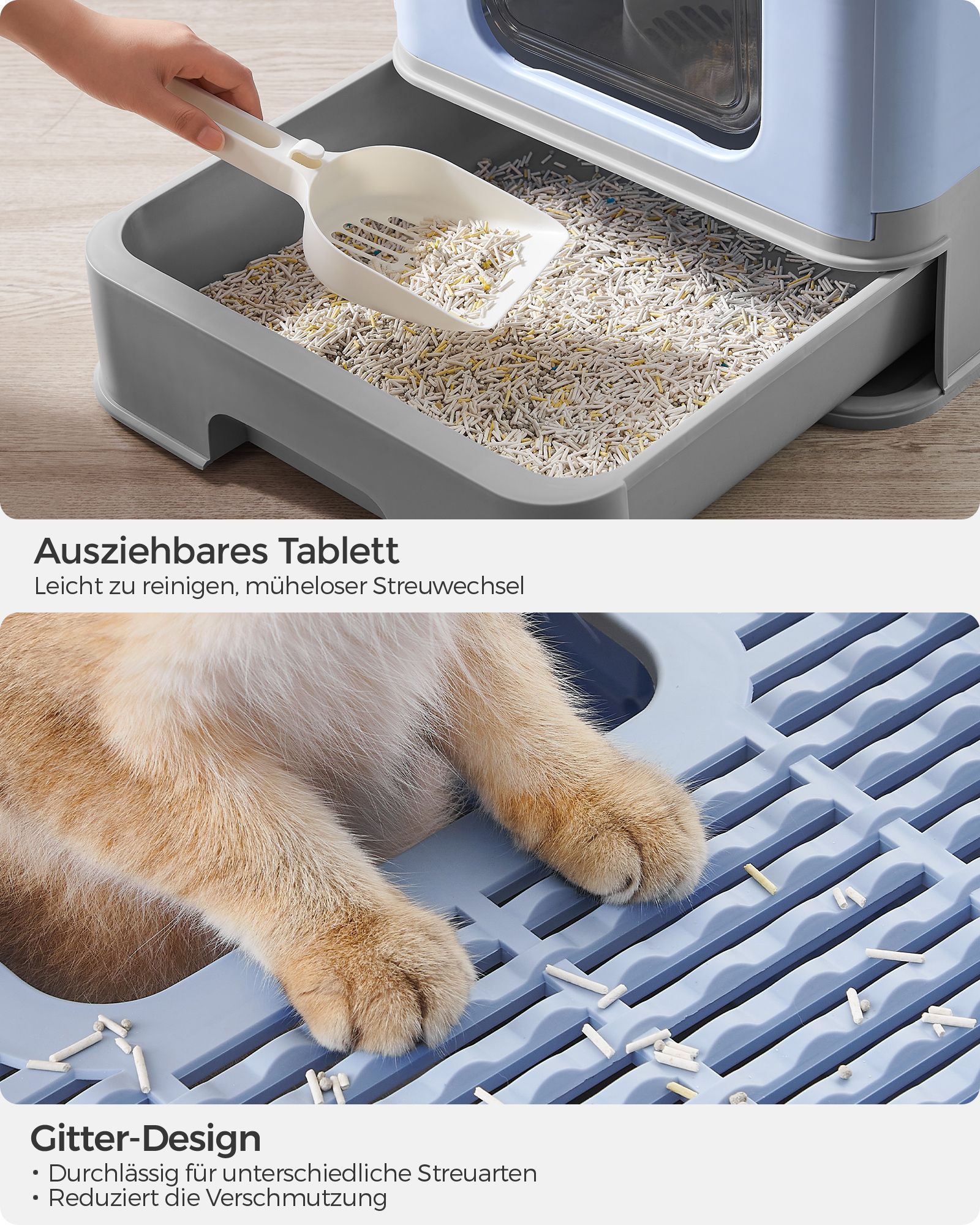 Feandrea kissanhiekkalaatikko kannella ja lapioilla, tilava, vaaleansininen-kyyhkynharmaa - Image 4