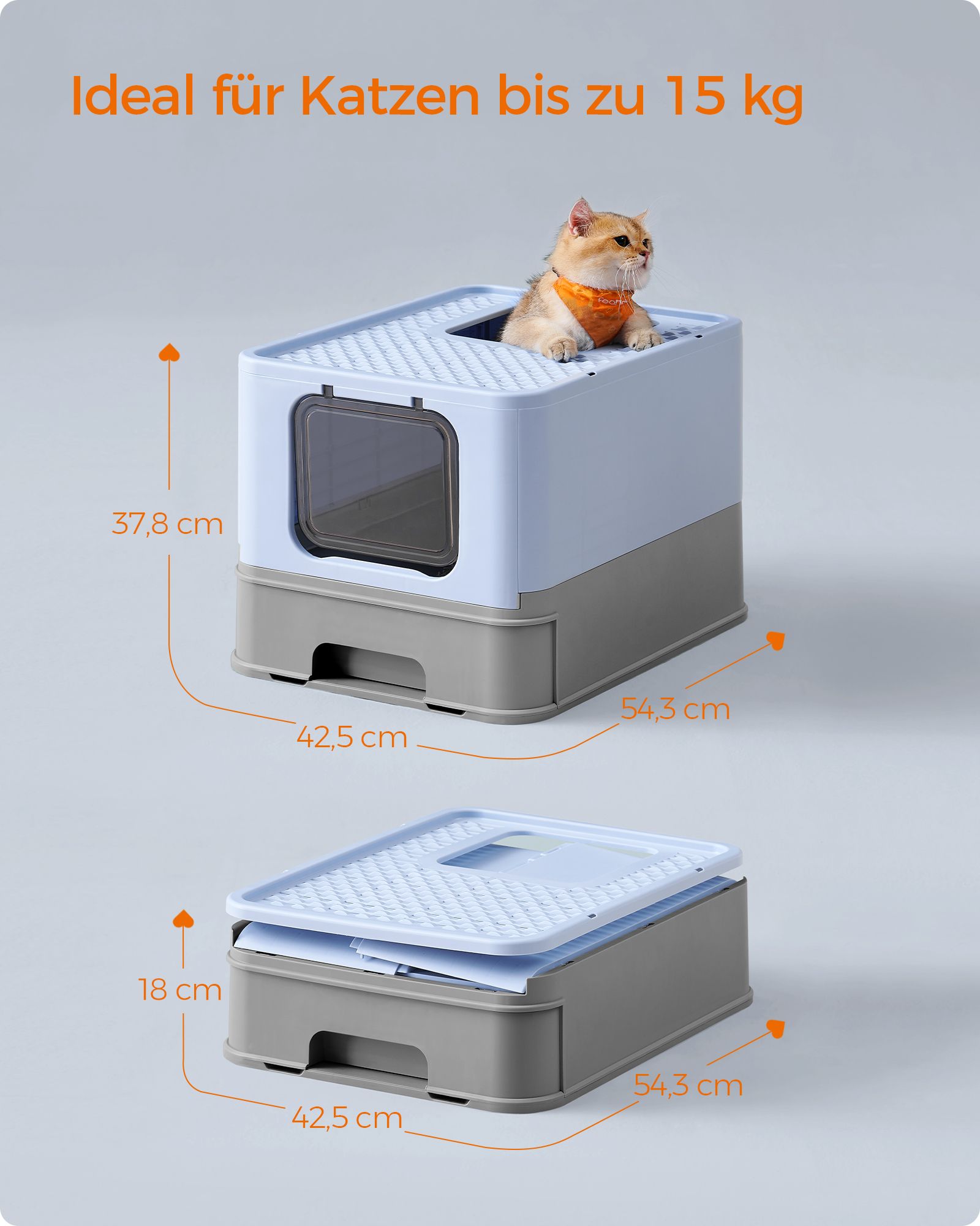 Feandrea kissanhiekkalaatikko kannella ja lapioilla, tilava, vaaleansininen-kyyhkynharmaa - Image 8