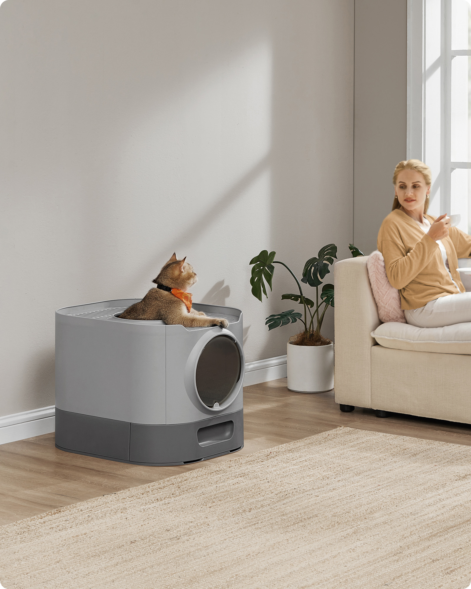 Feandrea kissanhiekkalaatikko kannella ja ulosvedettävällä tarjottimella, kyyhkynharmaa-liuskekivi - Image 2