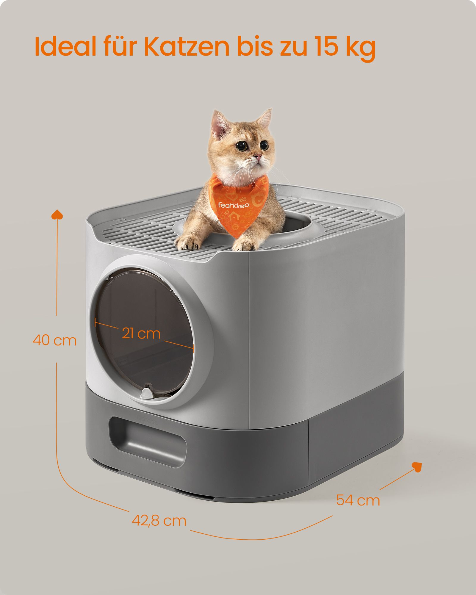 Feandrea kissanhiekkalaatikko kannella ja ulosvedettävällä tarjottimella, kyyhkynharmaa-liuskekivi - Image 5