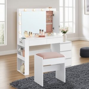 VASAGLE sminkbord med LED-belysning, toalettbord med spegel, smyckeskåp