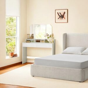 VASAGLE sminkbord med fällbar spegel och 2 lådor, toalettbord, sminkbord med 3 öppna fack