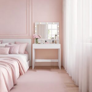 VASAGLE toiletbord, med LED-belysning, toiletbord med spejl