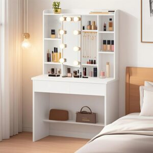 VASAGLE toiletbord med LED-belysning, justerbare lysfarver og lysstyrke, toiletbord med spejl