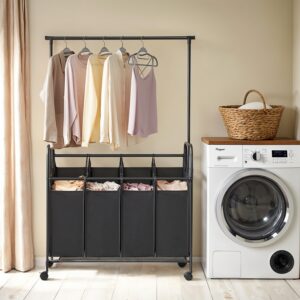SONGMICS Laundry Basket 4 Compartments, Laundry Collector with Casters and Clothes Rail, Laundry Sorter
