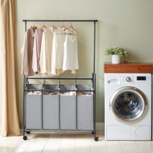 SONGMICS Laundry Basket 4 Compartments, Laundry Collector with Casters and Clothes Rail, Laundry Sorter