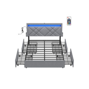 SONGMICS Bed 140 x 200 cm with charging station, light gray-matte black