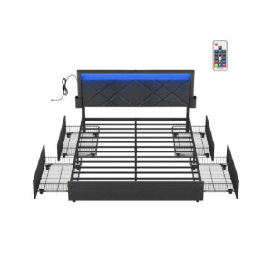 SONGMICS dobbeltseng 160 x 200 cm med LED og 4 skuffer og opladestation